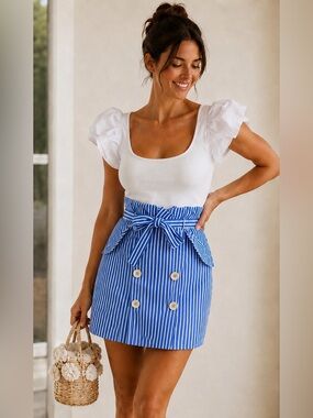 ZARA STRIPED PAPER BAG WAIST MINI SKIRT WITH BOW BELT